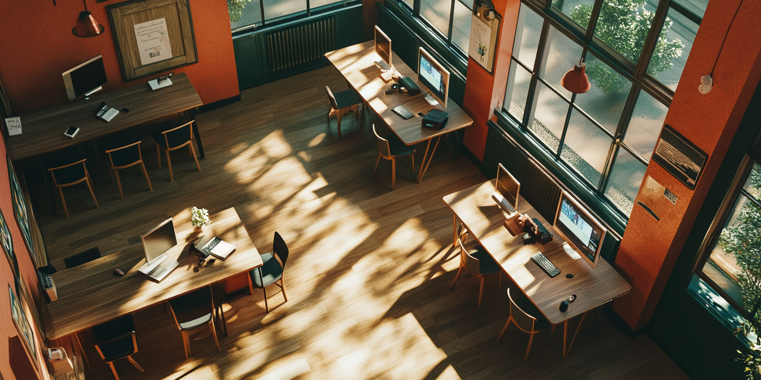 Sunlit Internet Café Interior, Ultrarealistic, 8K Overhead View