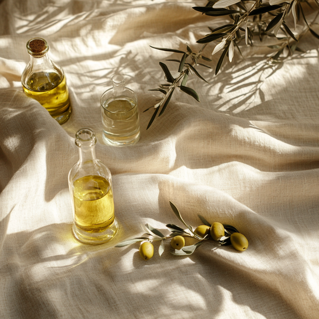 Sunlit linen table top with olives, olive branches, olive oil, and glasses.