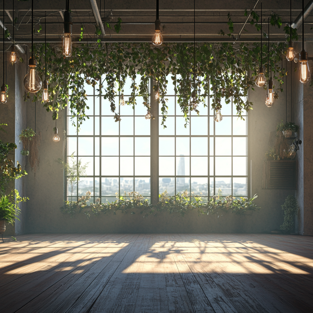 Sunlit performance room with stage, plants, and windows.