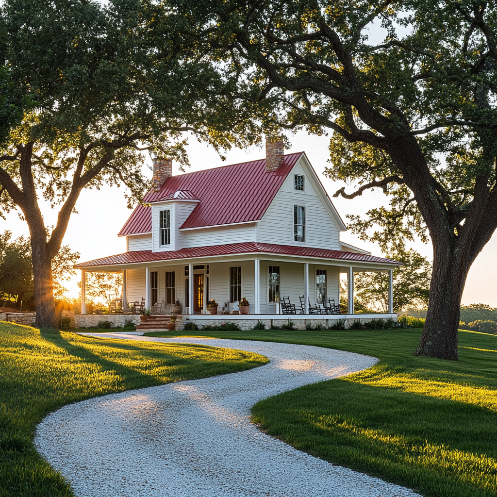 Sunlit white farmhouse with red roof, lush greenery