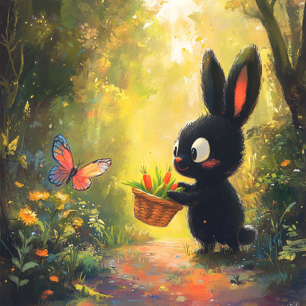 Sunny day in forest, Bunny Shoesley picks carrots. Butterfly advice.