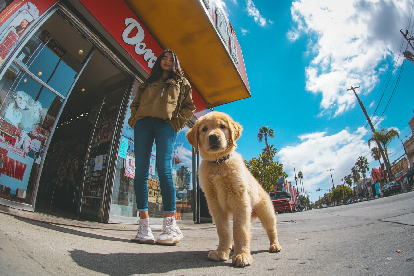 Sunny day with woman and puppy in LA