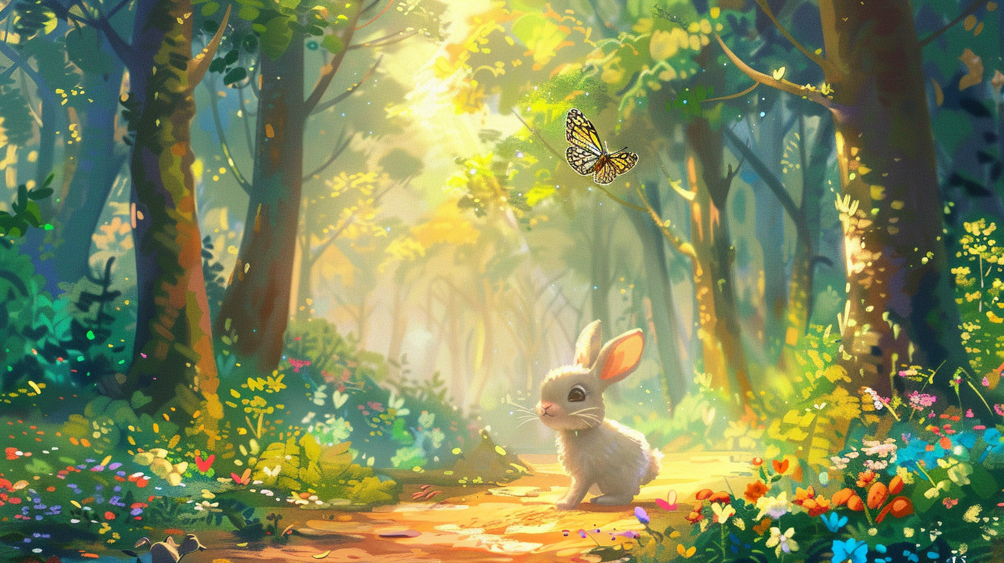 Sunny forest day with small bunny and butterfly.