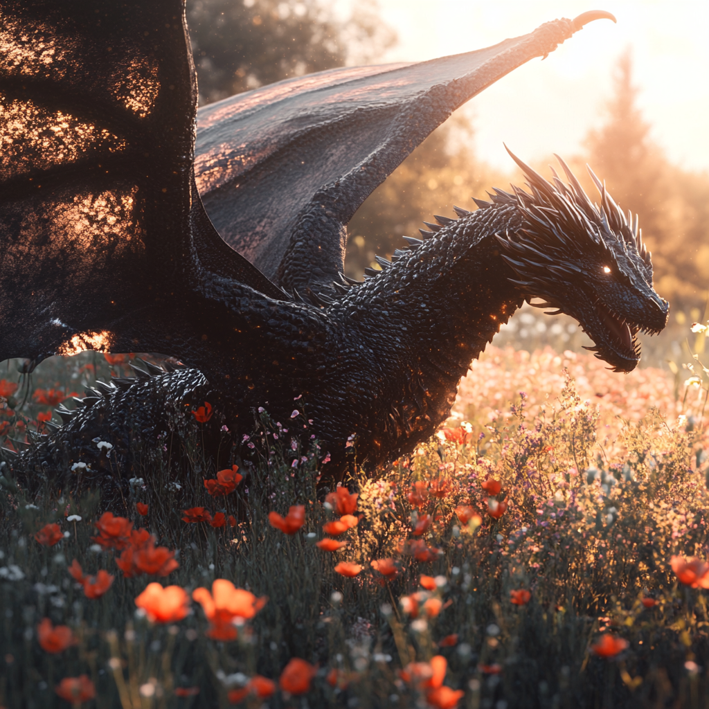 Sunny grass field, black dragon, shiny wings, roar, detail.