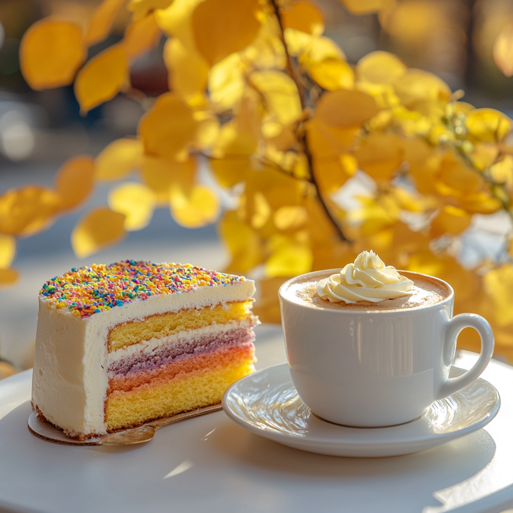 Sunny morning with coffee, cake, and flowers