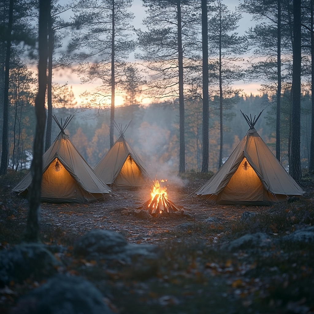 Sunrise Bonfire and Tents in Autumn Forest