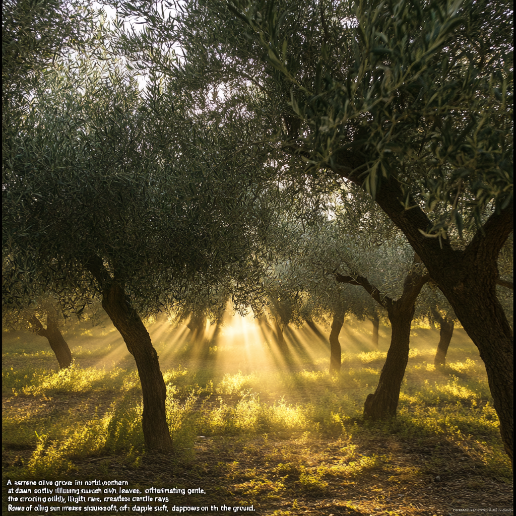 Sunrise in Iranian olive grove with farmers harvesting