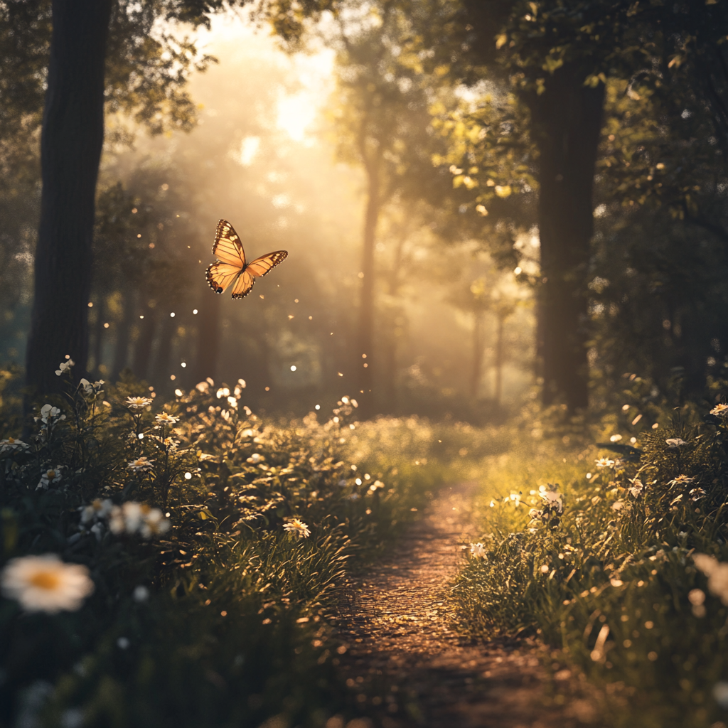 Sunrise in nature with peaceful forest and pretty butterfly.