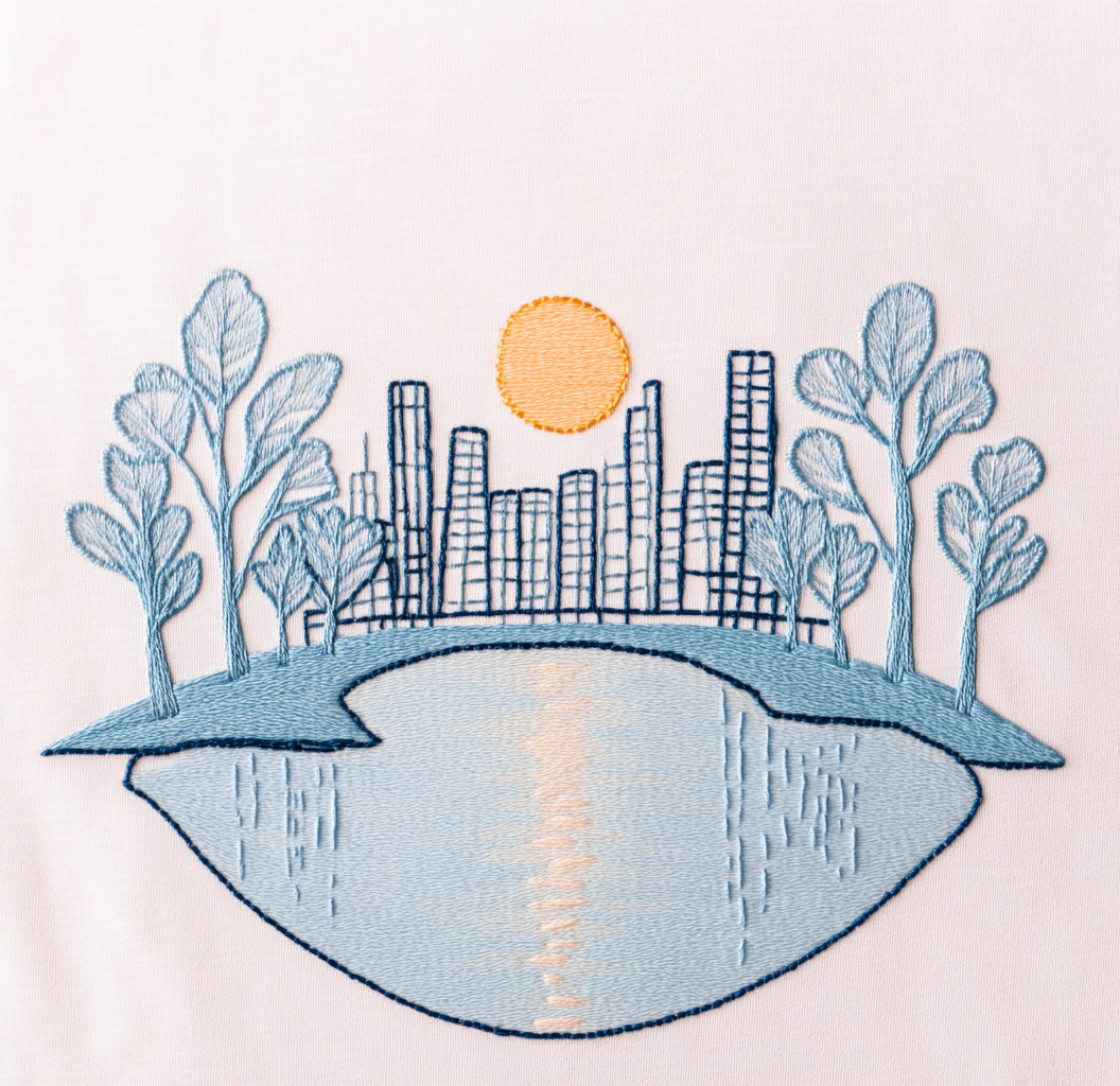 Sunrise over City: River, Trees & Skyline Embroidery