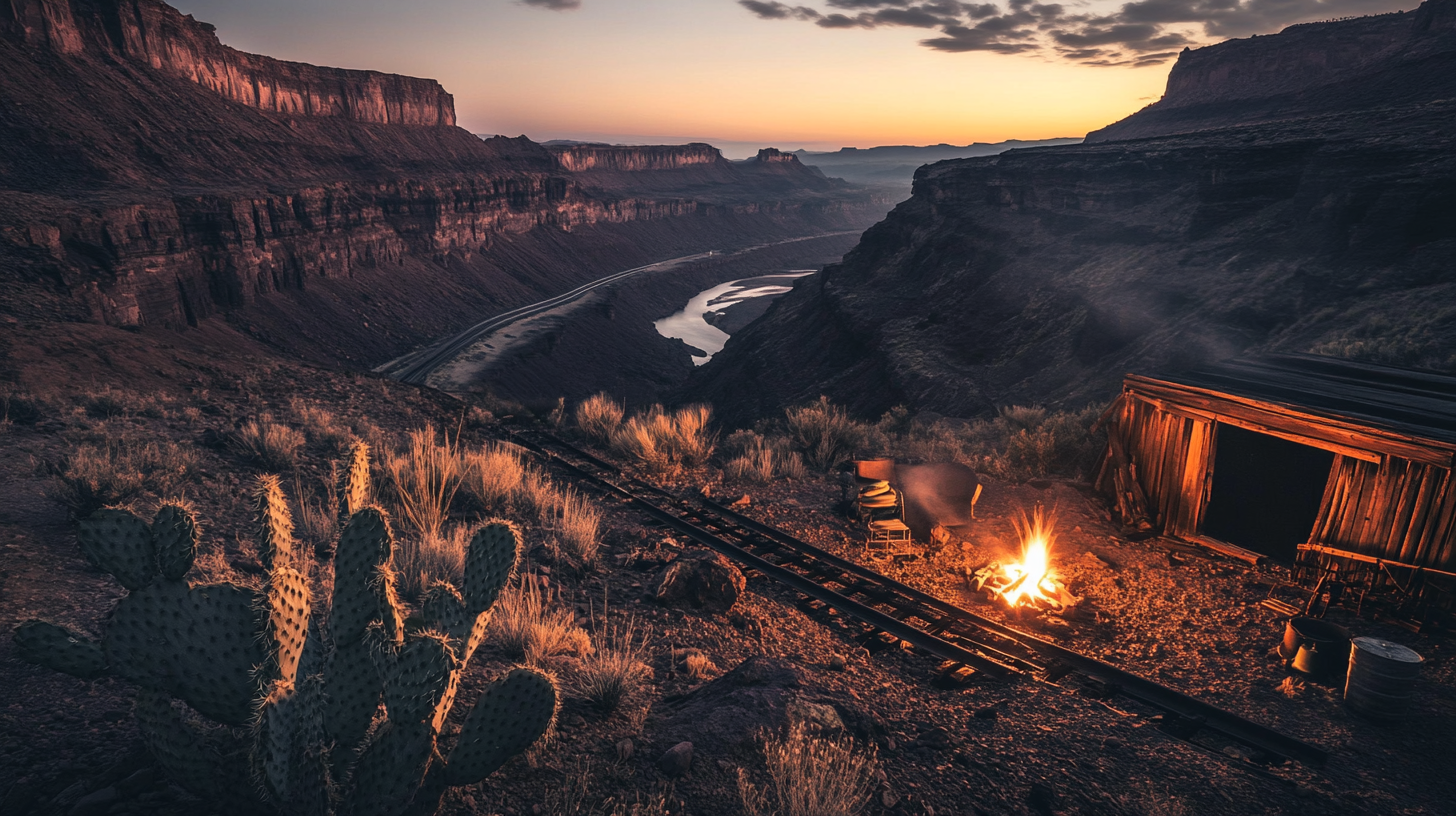 Sunrise over desert canyon with campfire and mining cavern.