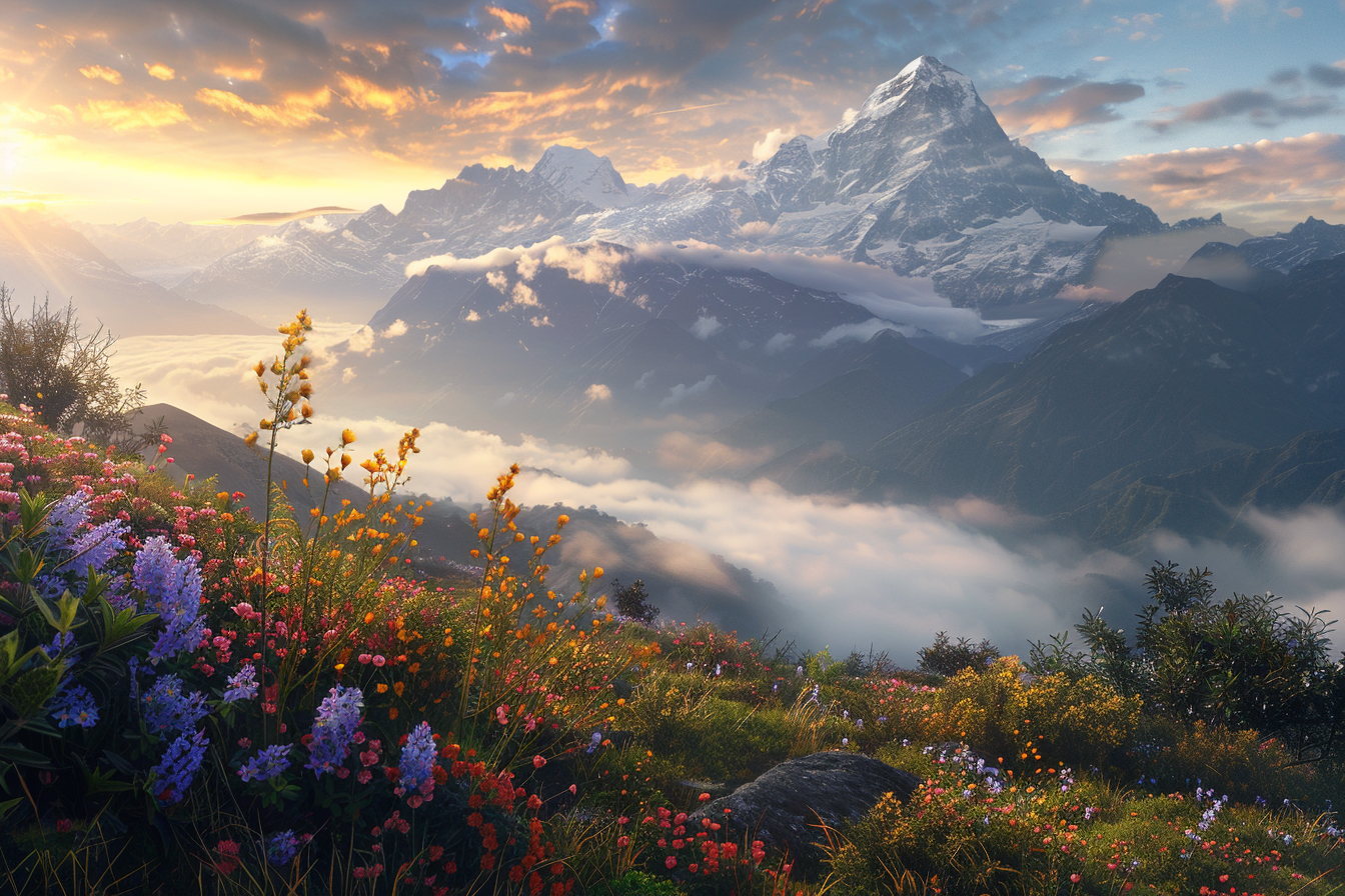 Sunrise over misty mountains, wildflowers, snow-capped peaks, 8K.