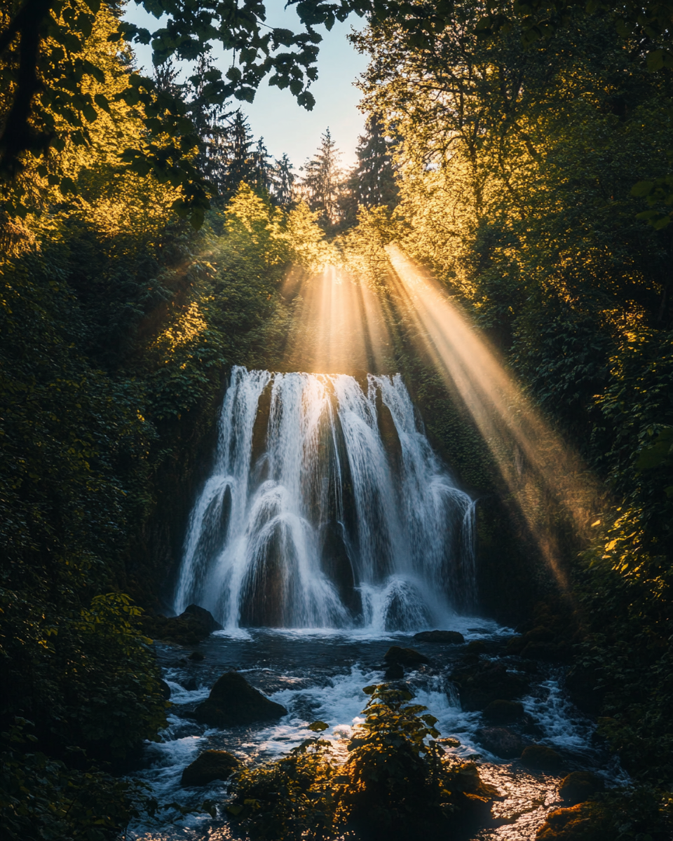 Sunrise waterfall with light rays, Sony Alpha 16-35mm lens.