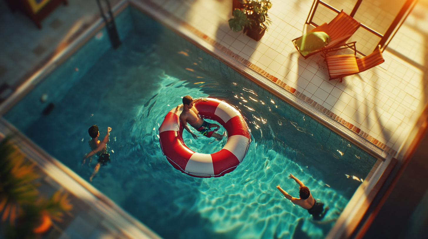 Sunset Pool Scene with Soda Can Life Preserver