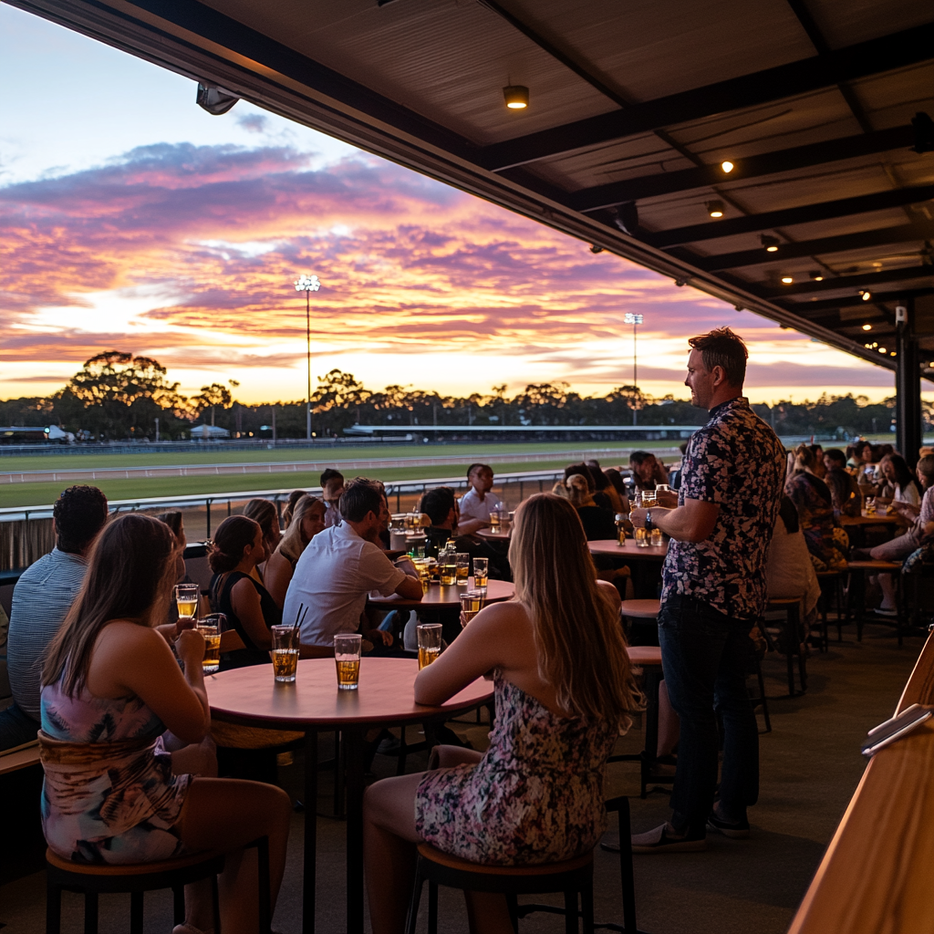 Sunset at Brisbane Racing Club with drink-filled tables.