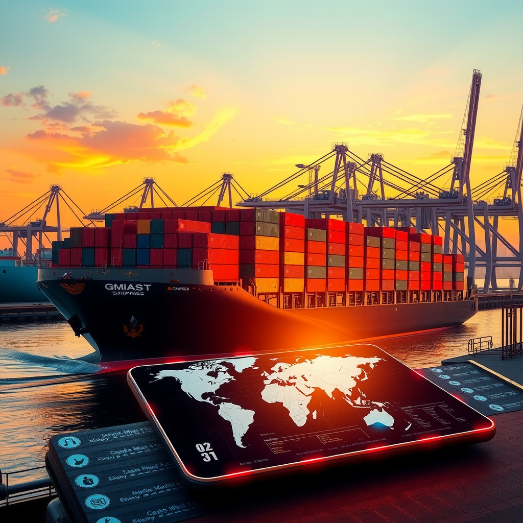 Sunset at Busy Shipping Port with High-Tech Tablet