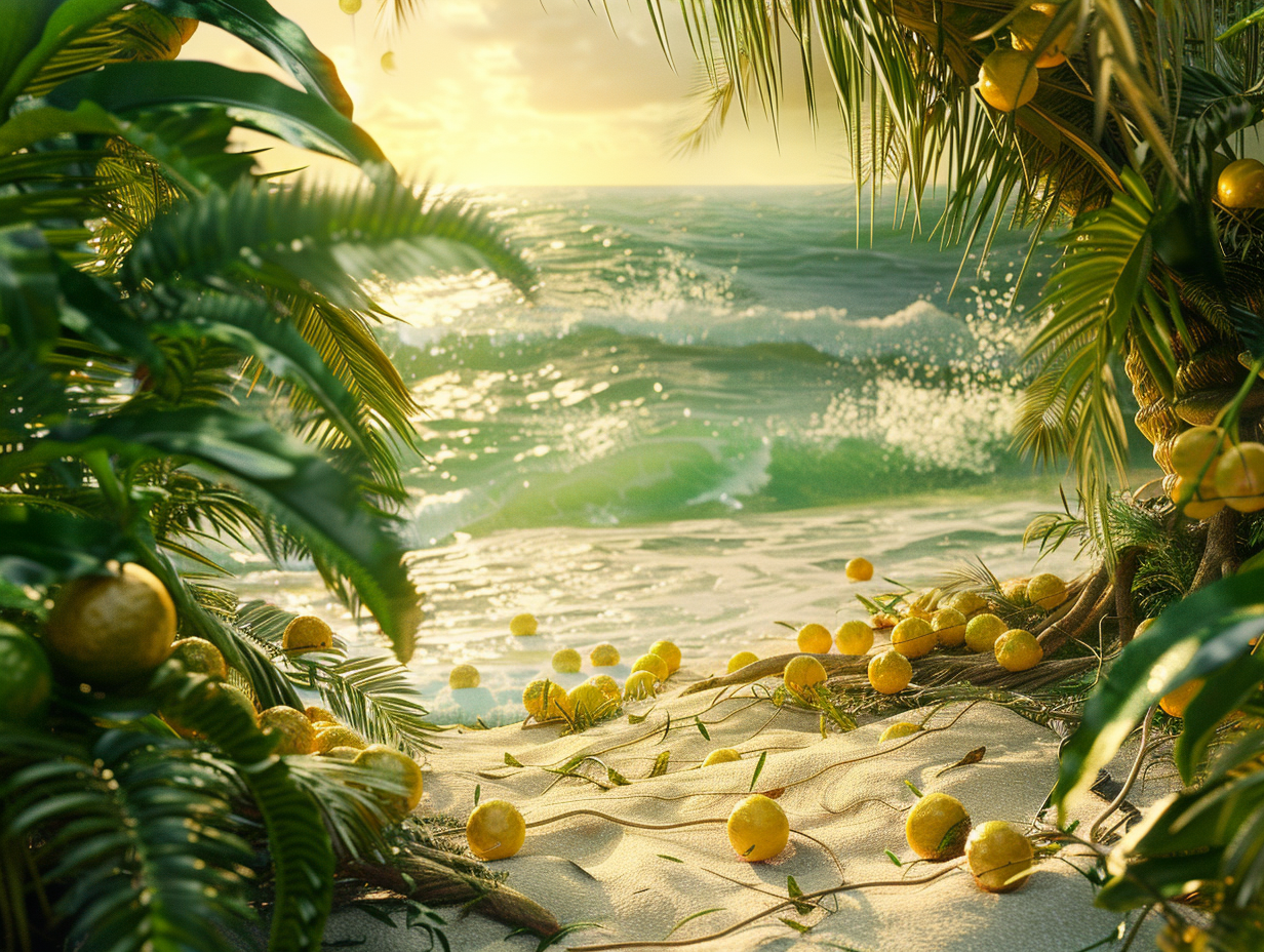 Sunset at Tropical Beach with Bergamot Fruits