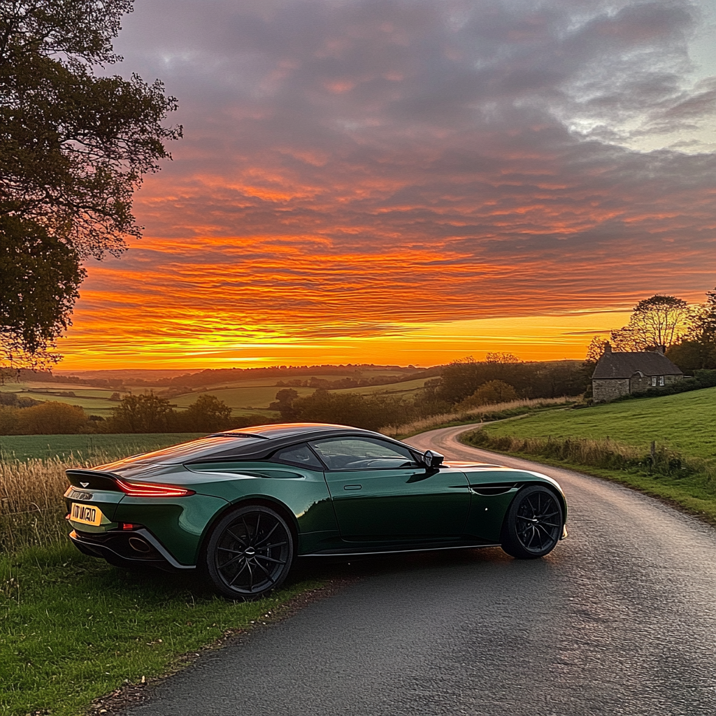 Sunset drive: Aston Martin DB12 in British countryside