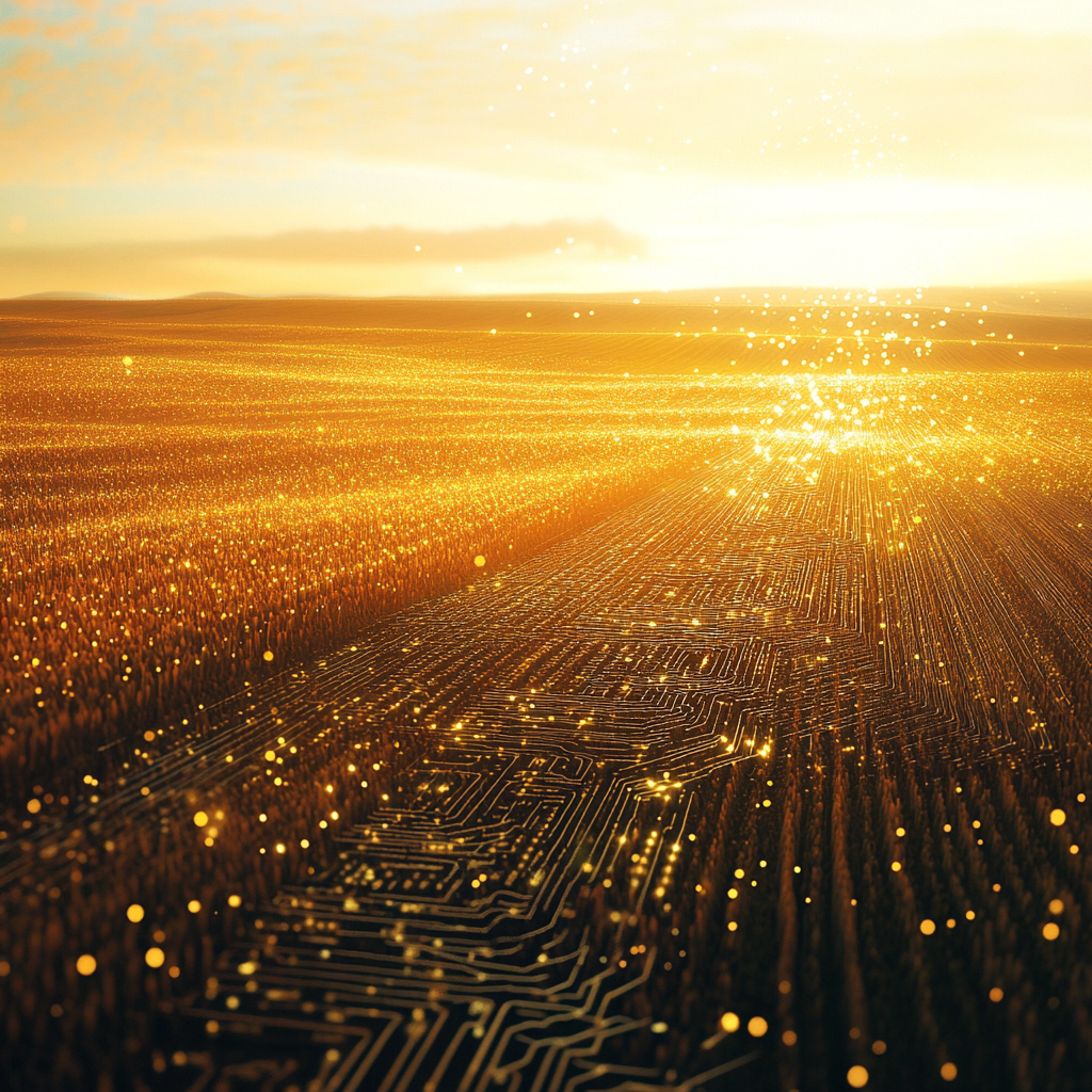 Sunset field with intricate dust particles resembling microchips