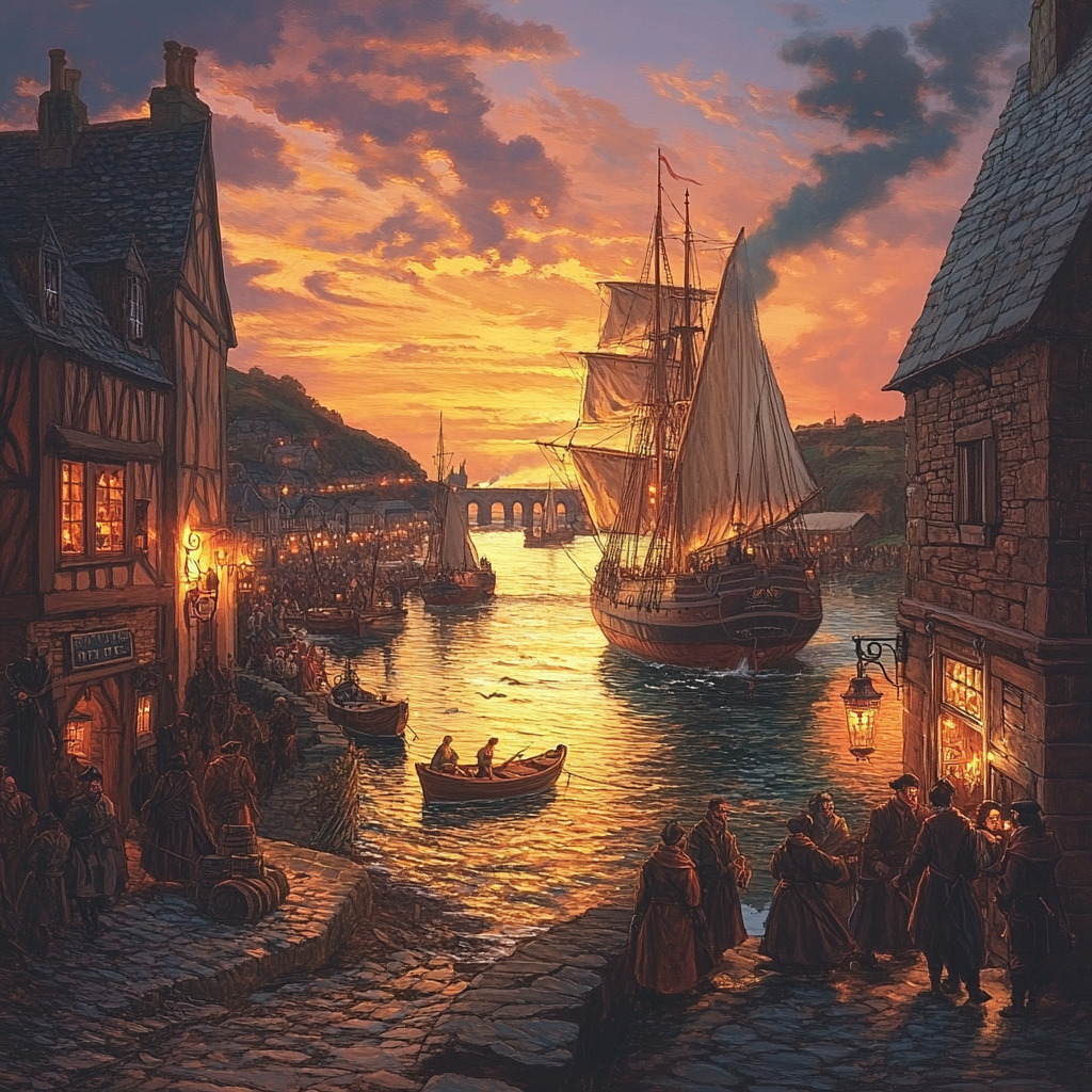 Sunset in Cornish Harbour: 18th Century Scene