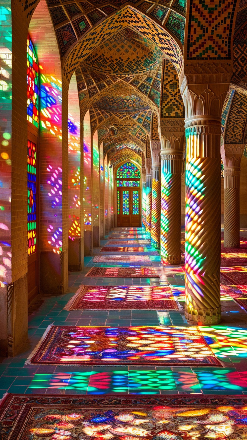 Sunset light through stained-glass windows in historical Iranian mosque.