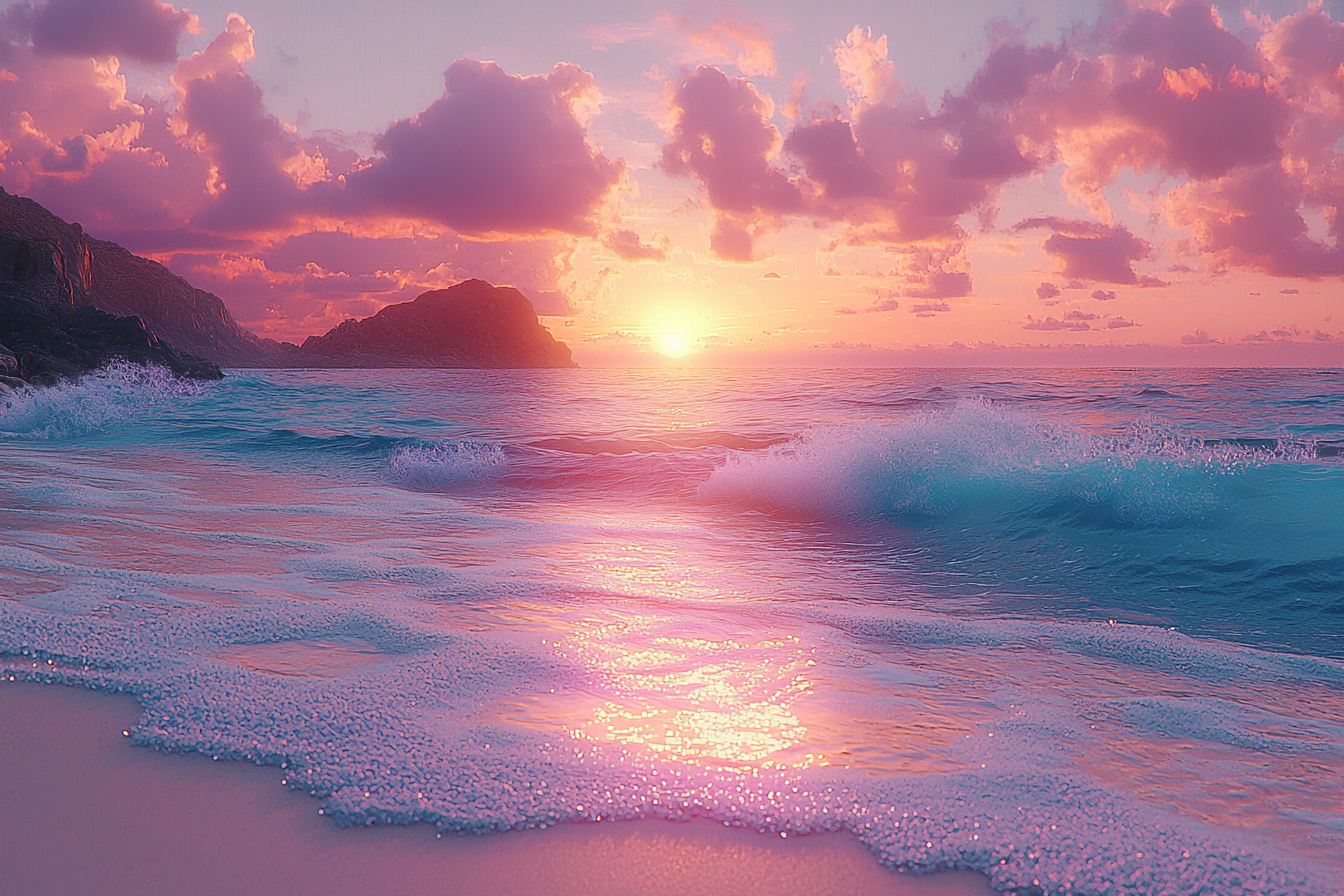 Sunset on Beach with Coral, Turquoise, Plum.