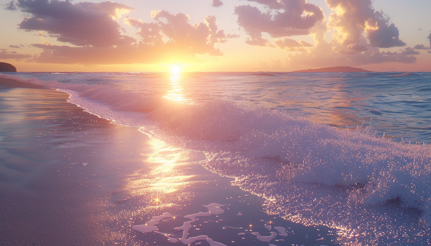 Sunset over Pristine Beach with Reflective Atmosphere