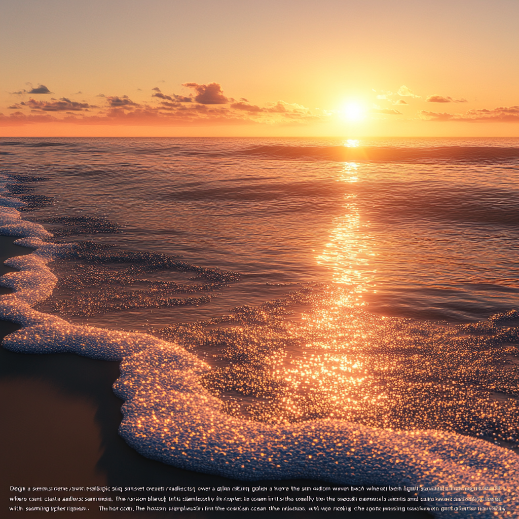 Sunset over calm beach with golden light reflecting off waves.