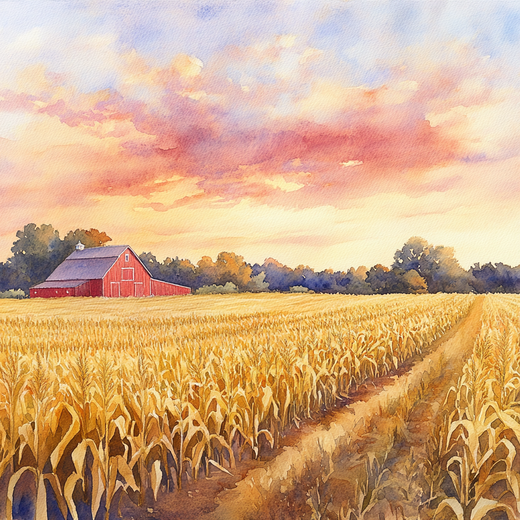 Sunset over golden cornfields, red barn in distance.