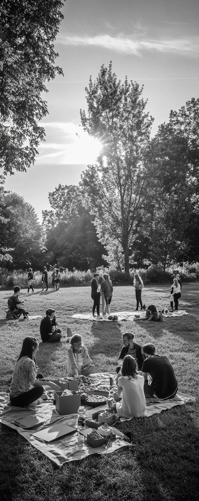 Sunset picnic in Antwerp park with 17 people enjoying.