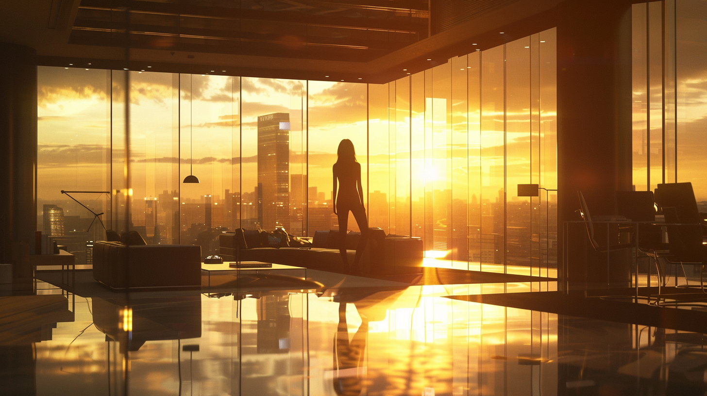 Sunset skyline view in modern office with businesswoman.