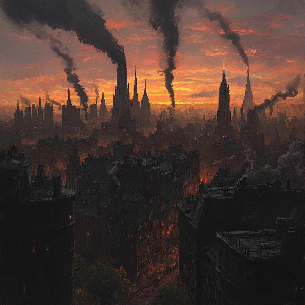 Sunset skyline with tenements, spires, and smoke trails.