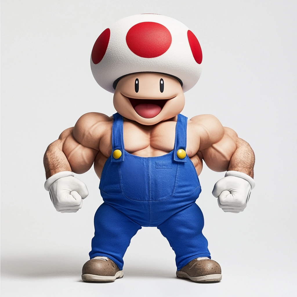 Super Mario Toad with mushroom head, huge muscles.