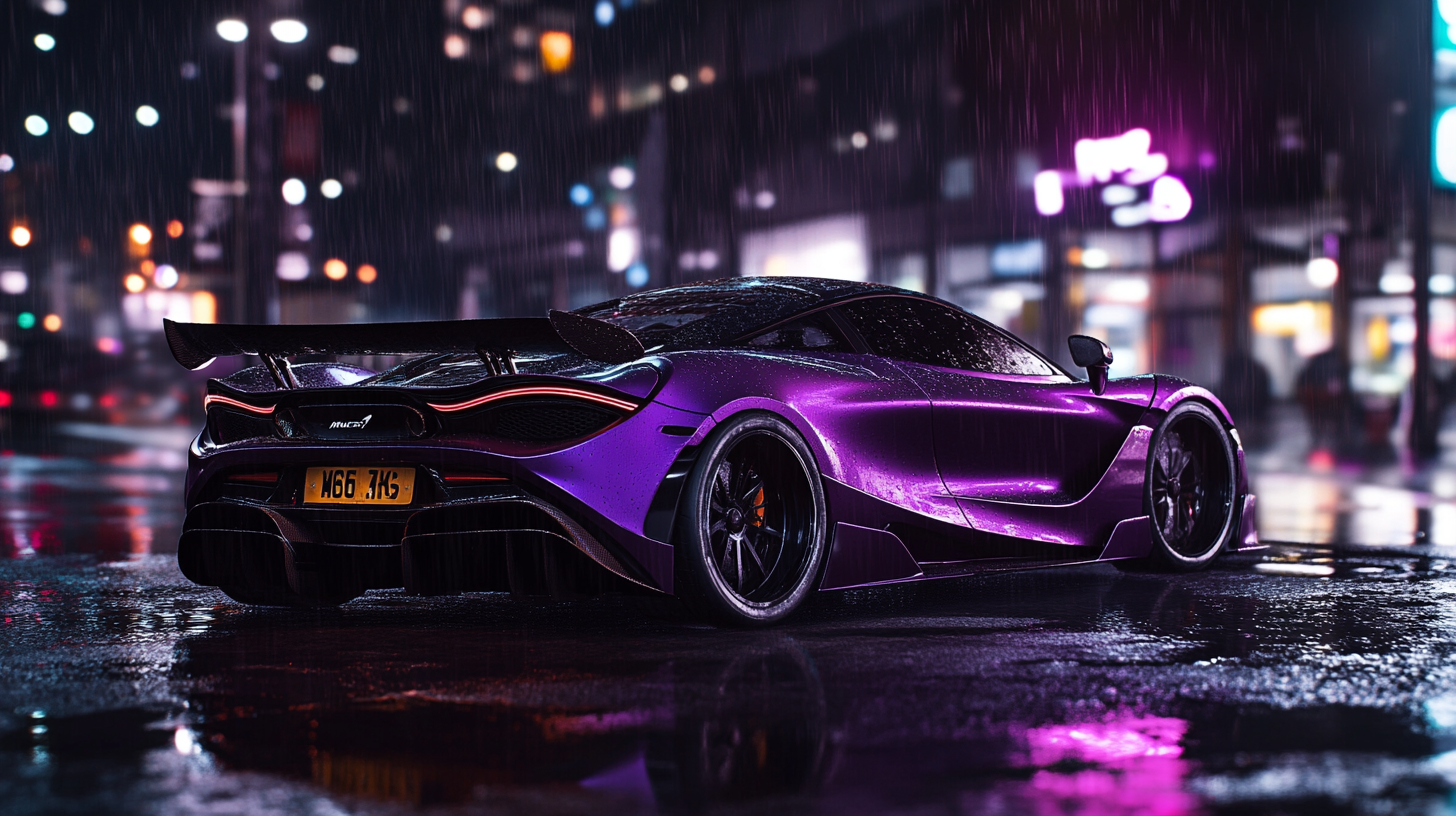 Supercar in video game style on rainy city street