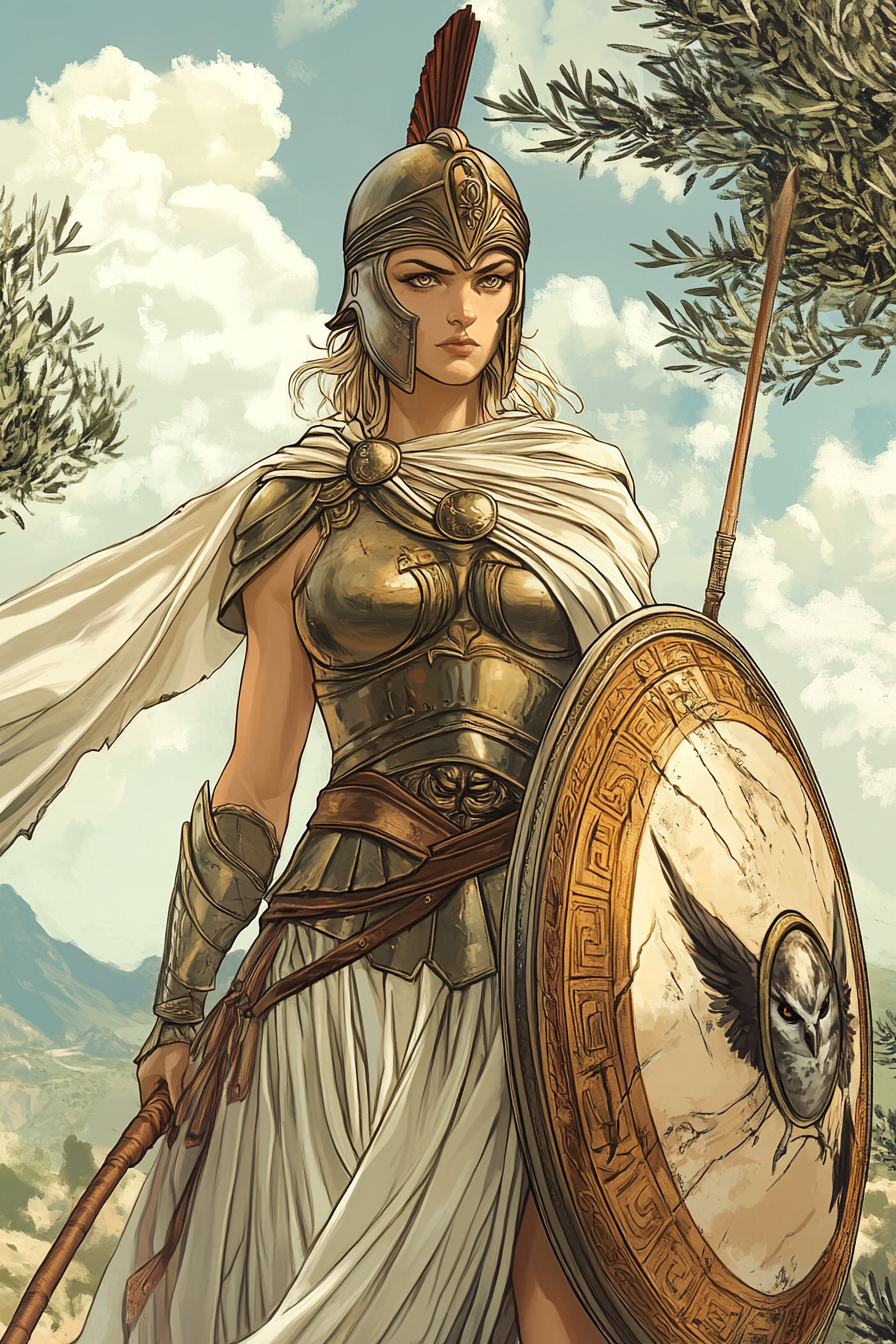 Superhero Athena/Minerva in armor with owl and spear.