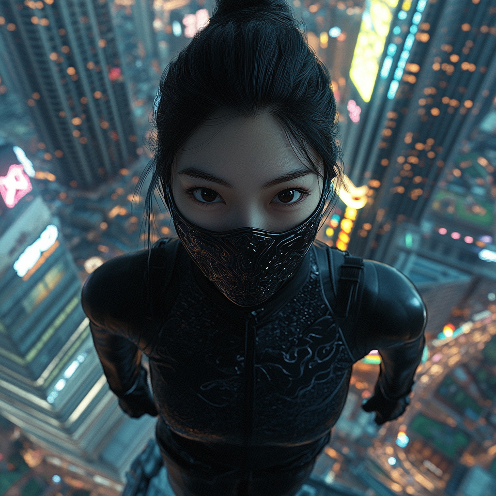 Superhero Girl with Dragon Mask in City Night