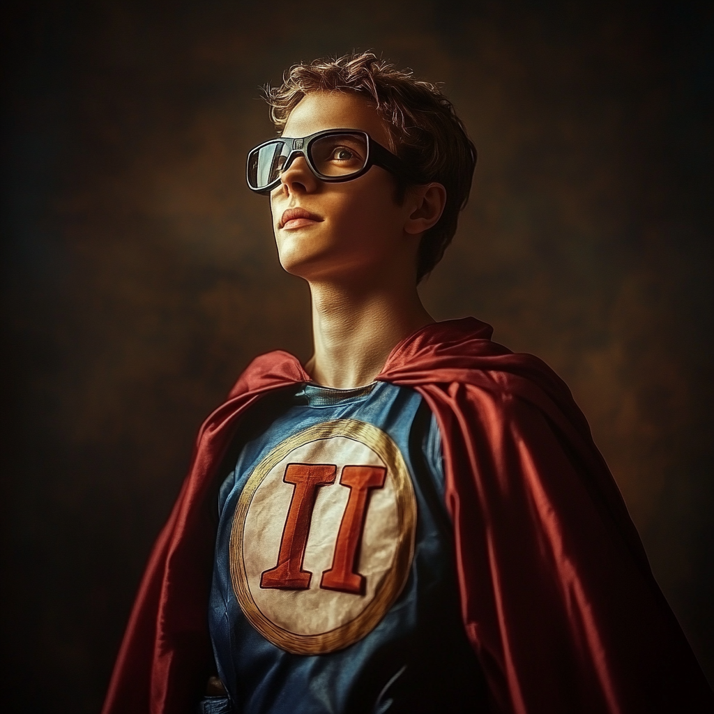 Superhero college boy in Pi symbol costume, realistic image.