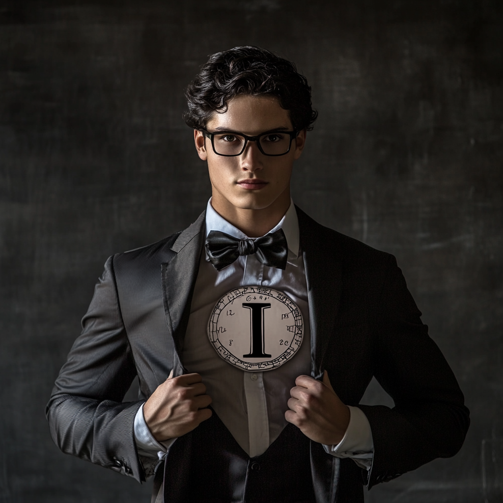 Superhero college boy in Pi symbol suit costume