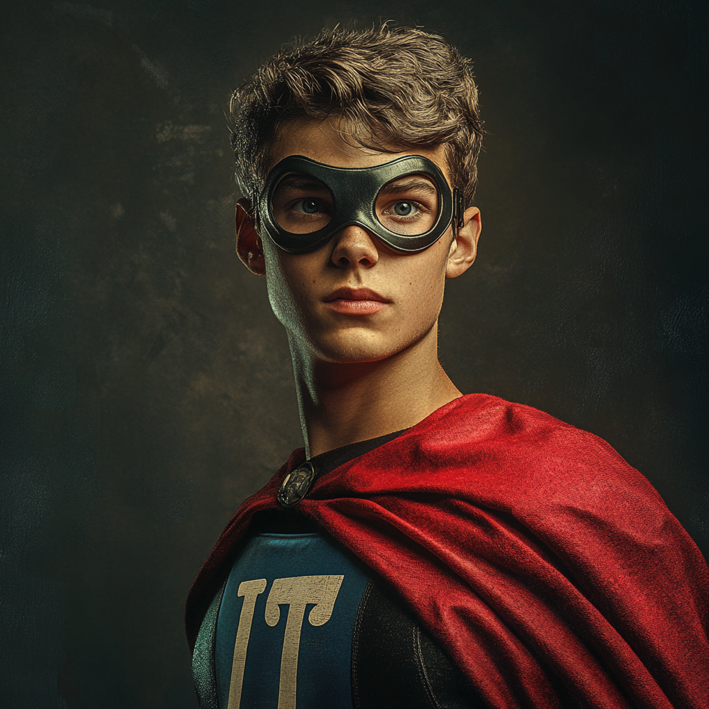 Superhero college boy with Pi symbol costume, showing intelligence.