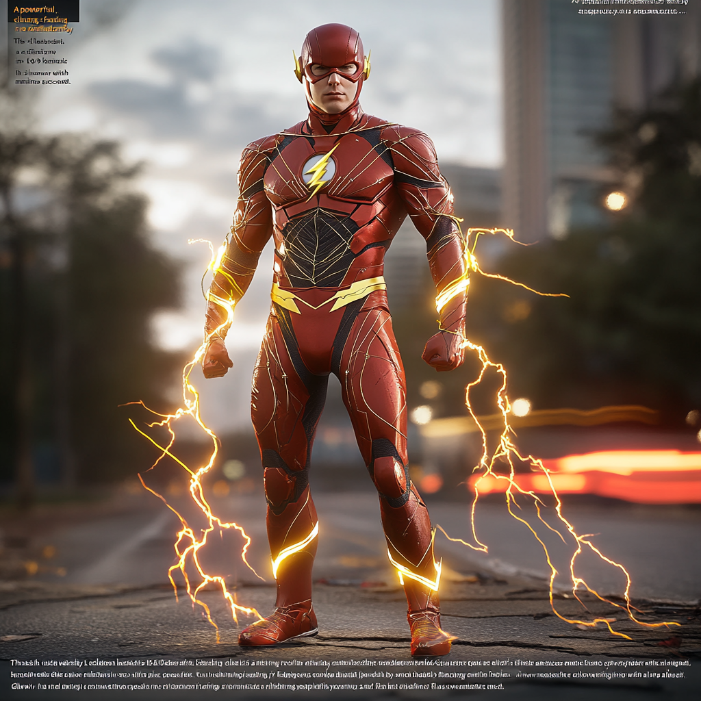 Superhero in red suit with lightning superpowers in city.