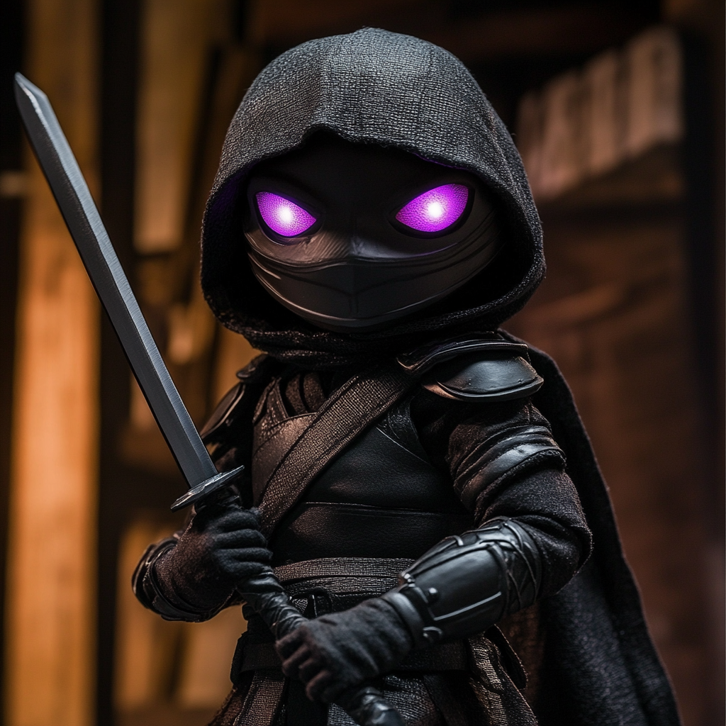 Superhero muppet puppet with black armor and katana toy.