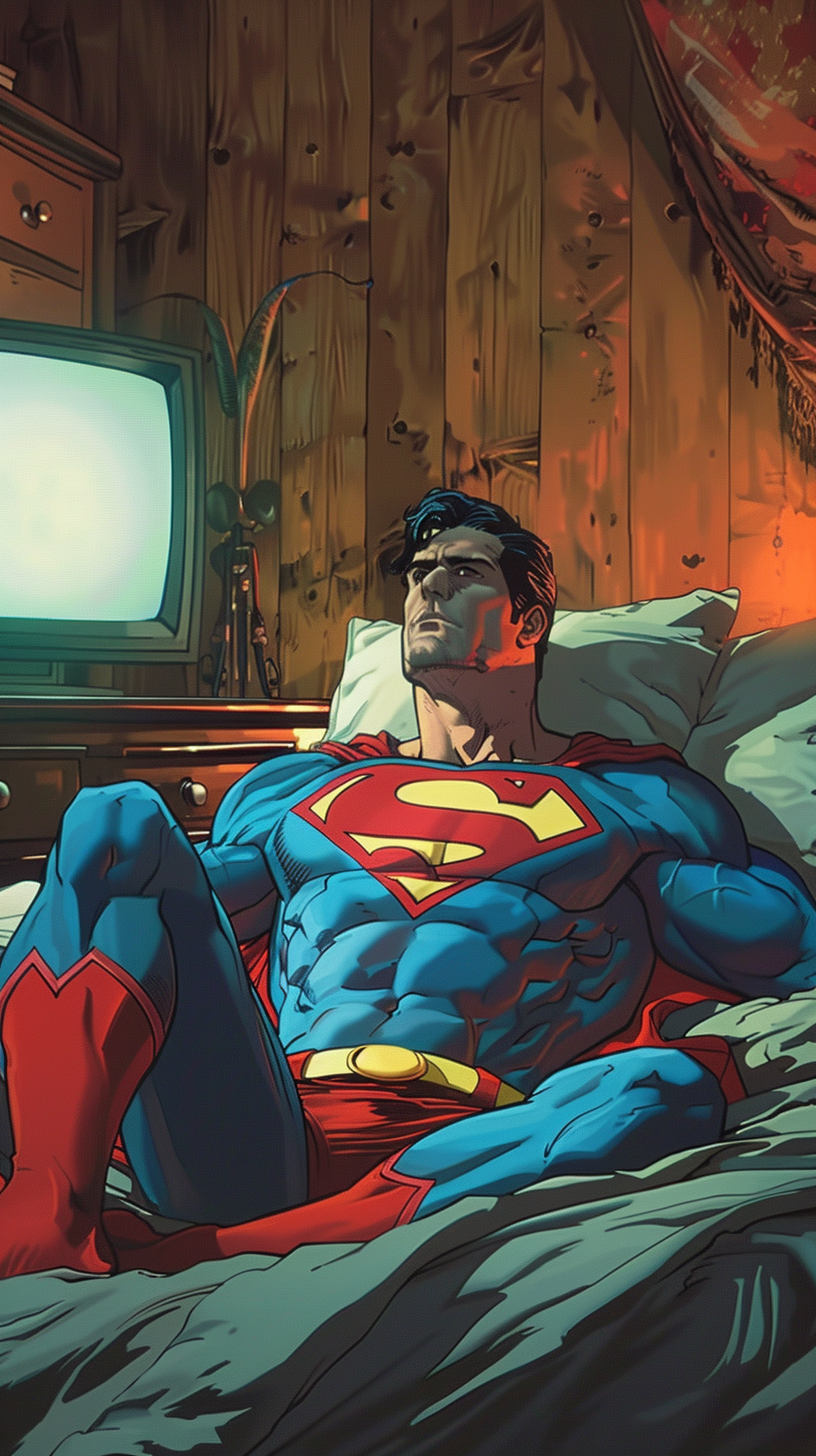 Superman Relaxing in Bed Watching TV Alone