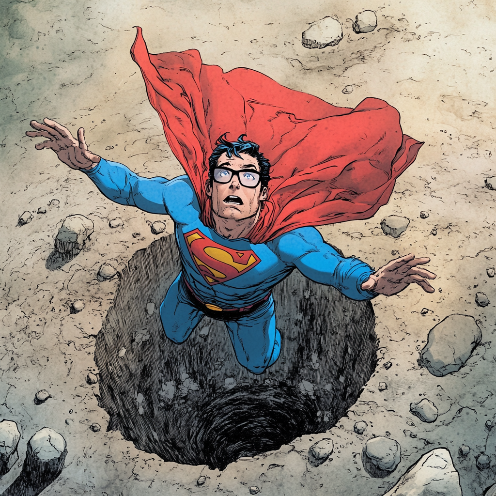 Superman falling into well, shocked expression, billowing cape.