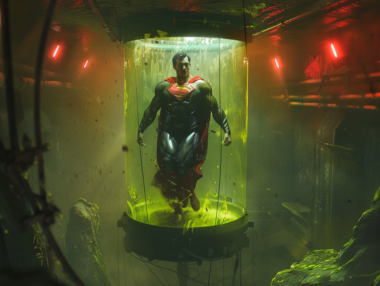 Superman floating in tank with green liquid, lab setting.