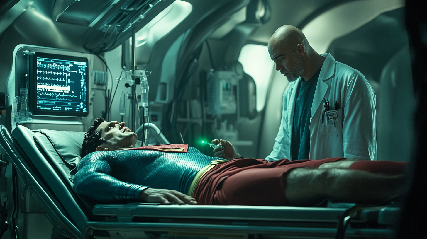 Superman in Agony on Medical Bed, Lex Luthor with Syringe