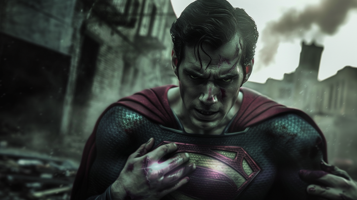 Superman looks scared at his sickly hands.