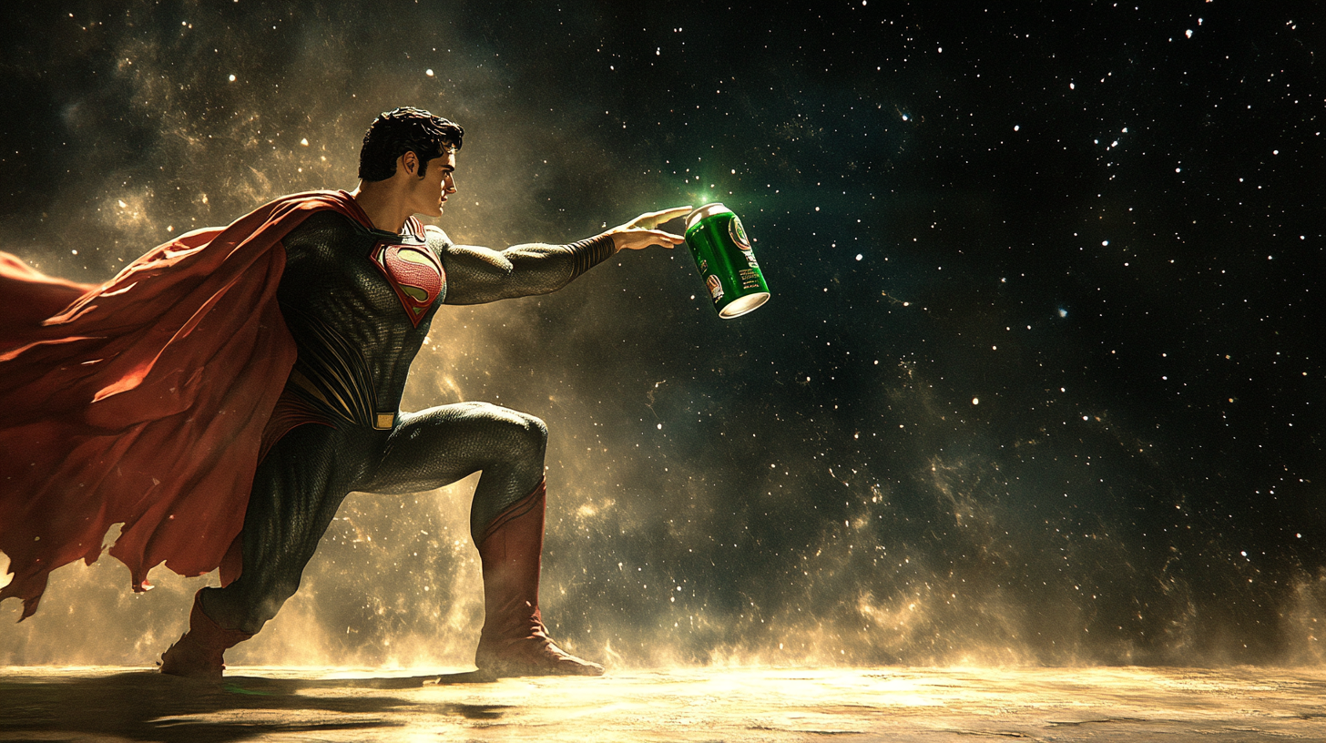 Superman reaching for glowing green soda can sky