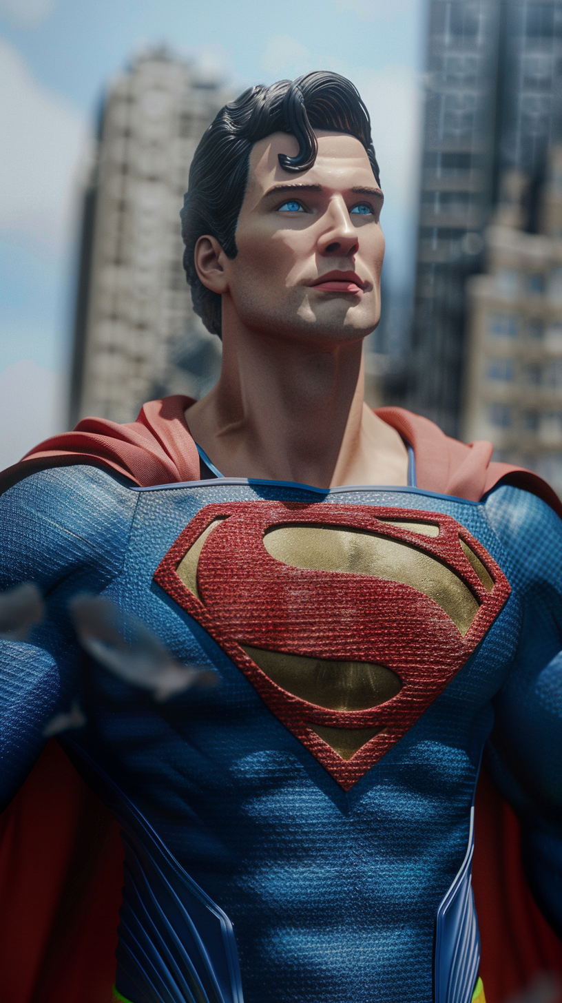 Superman standing in Metropolis, wind blowing cape and hair.