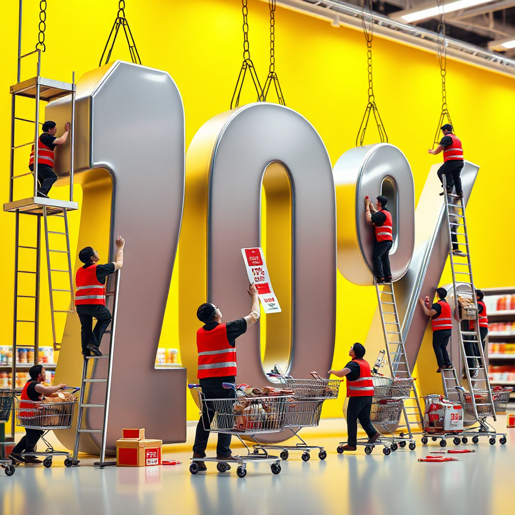 Supermarket Employees Constructing Giant Discount Sign