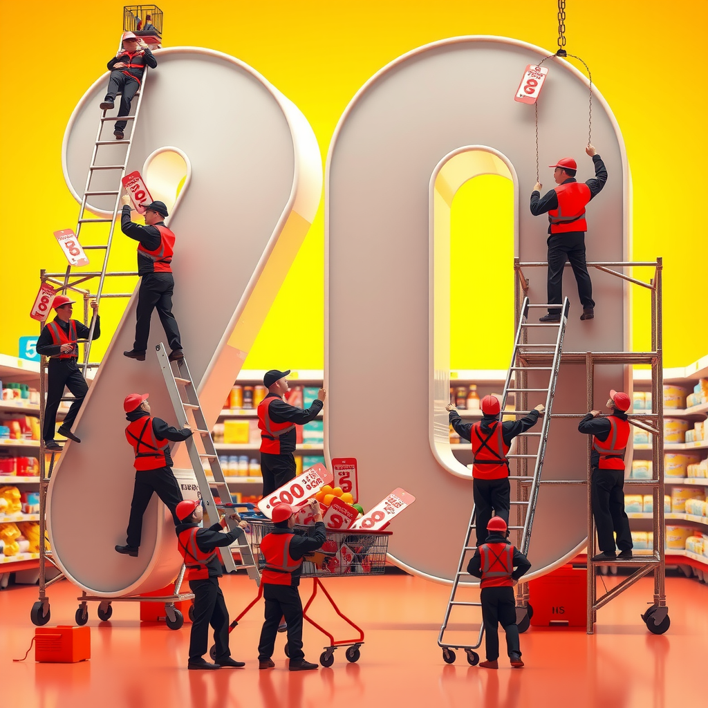 Supermarket Workers Assembling Giant Discount Number