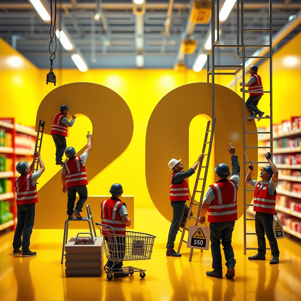 Supermarket Workers Construct Giant '20' in Store